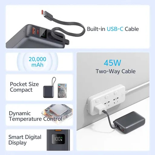 پاوربانک 20000 میلی آمپر کیو سی وای 45 وات مدل QCY PB20A pd fast charge