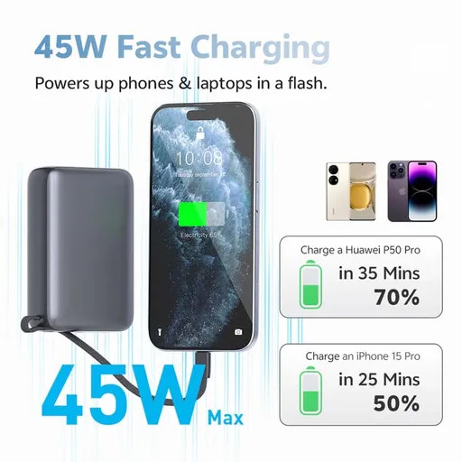 پاوربانک 20000 میلی آمپر کیو سی وای 45 وات مدل QCY PB20A pd fast charge