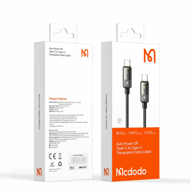 کابل تبدیل سوپرفست تایپ سی به تایپ سی 100 وات مک دودو مدل mcdodo CA-2840 طول 1.2 متر