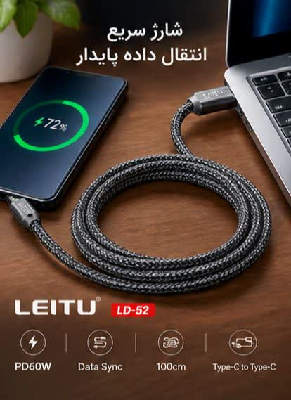 کابل فست شارژ دو سر تایپ سی 60 وات لیتو مدل LEITU LD-52